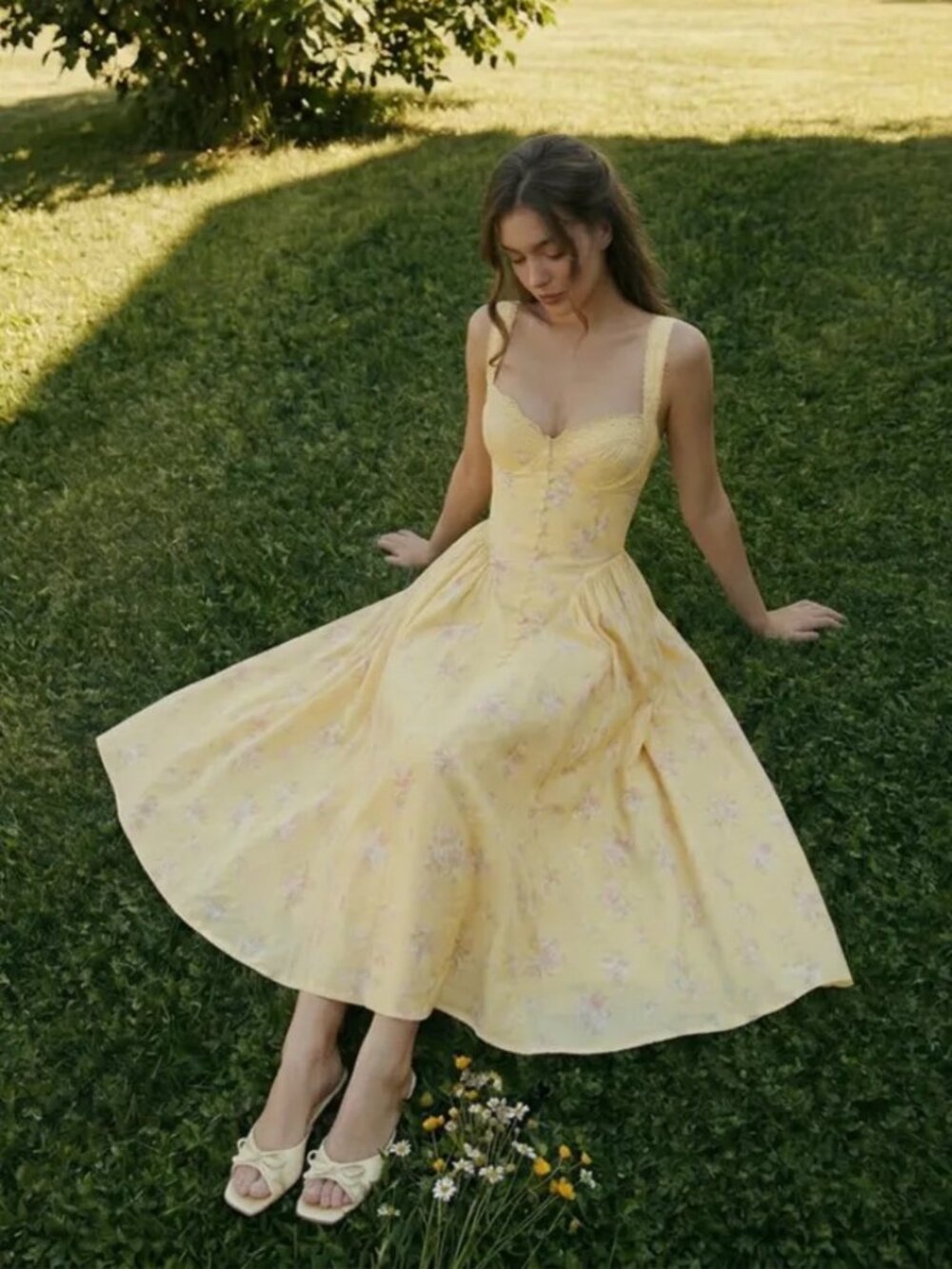 Cider Butter Yellow Floral Corset Midi Dress Lace Up Back XL Sweetheart